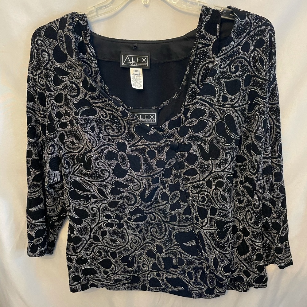 Alex Evening blouse size 1X. Black w metallic design